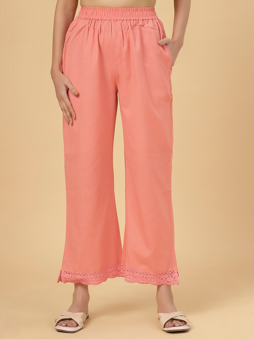 

Bottoms.love Lace-Details Ethnic Cotton Linen Lace Mid-Rise Palazzos, Peach