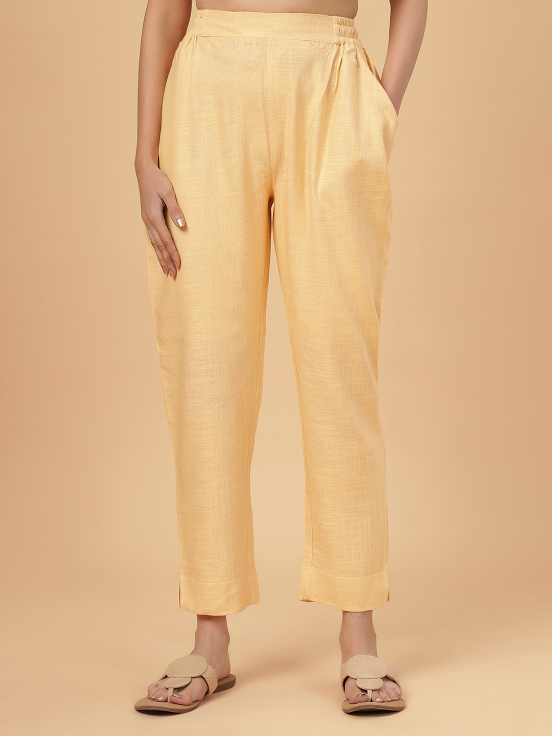 

Bottoms.love WomenSolid Mid Rise Soft Linen Trousers, Yellow