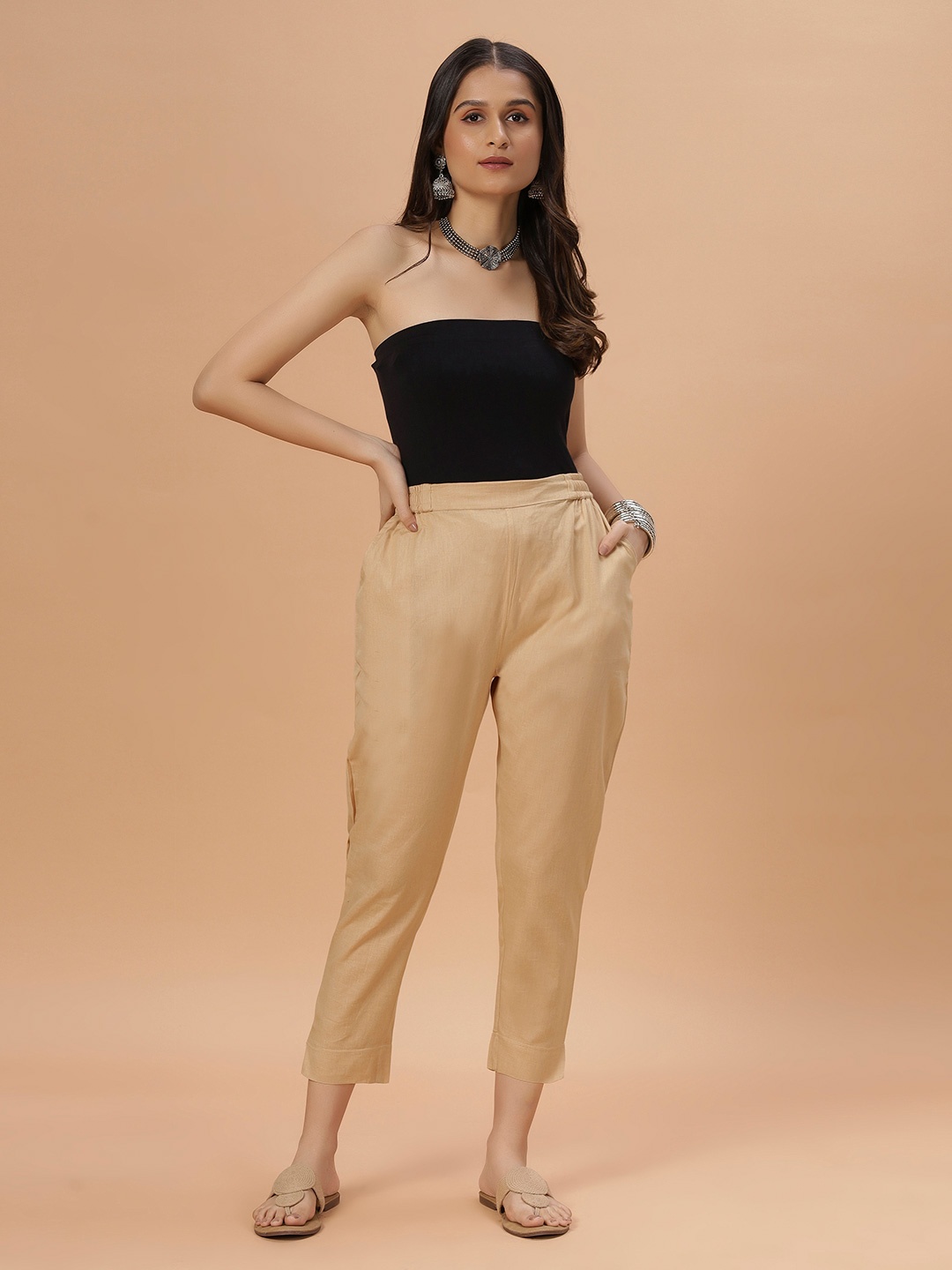 

Bottoms.love Women Mid-Rise Cotton Linen Comfort Straight Fit Trousers, Beige