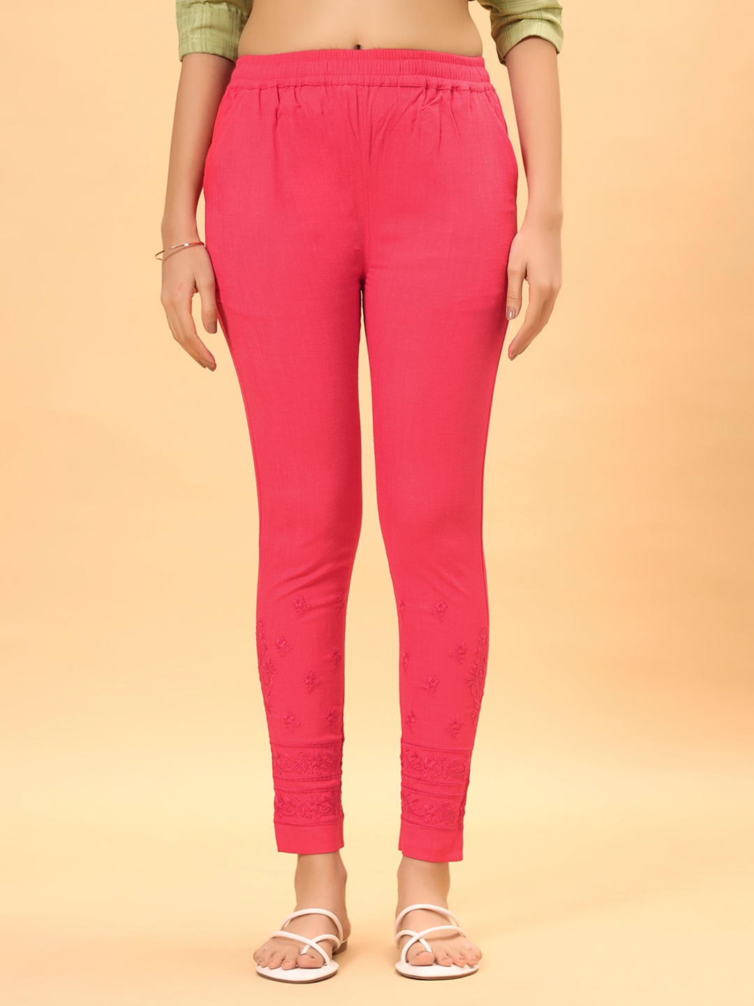 

Bottoms.love Women Pencil Easy Wash Solid Slim Fit Rayon Cigarette Lycra Embroidered Pant, Red