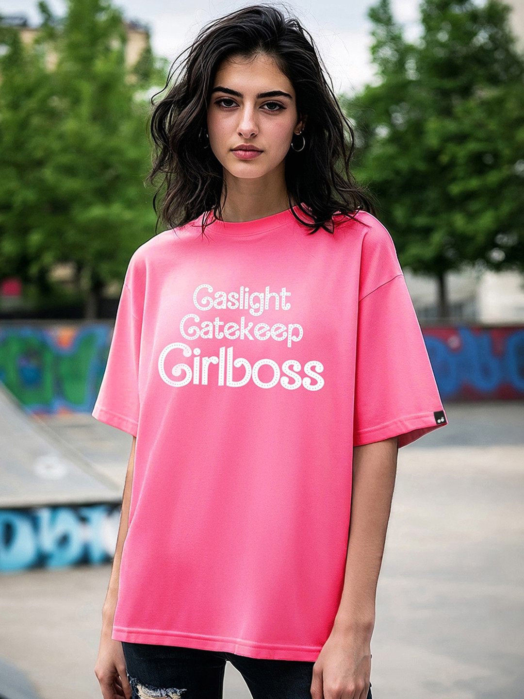 

Bewakoof Women Typography Printed Round Neck Pure Cotton Oversized T-shirt, Pink