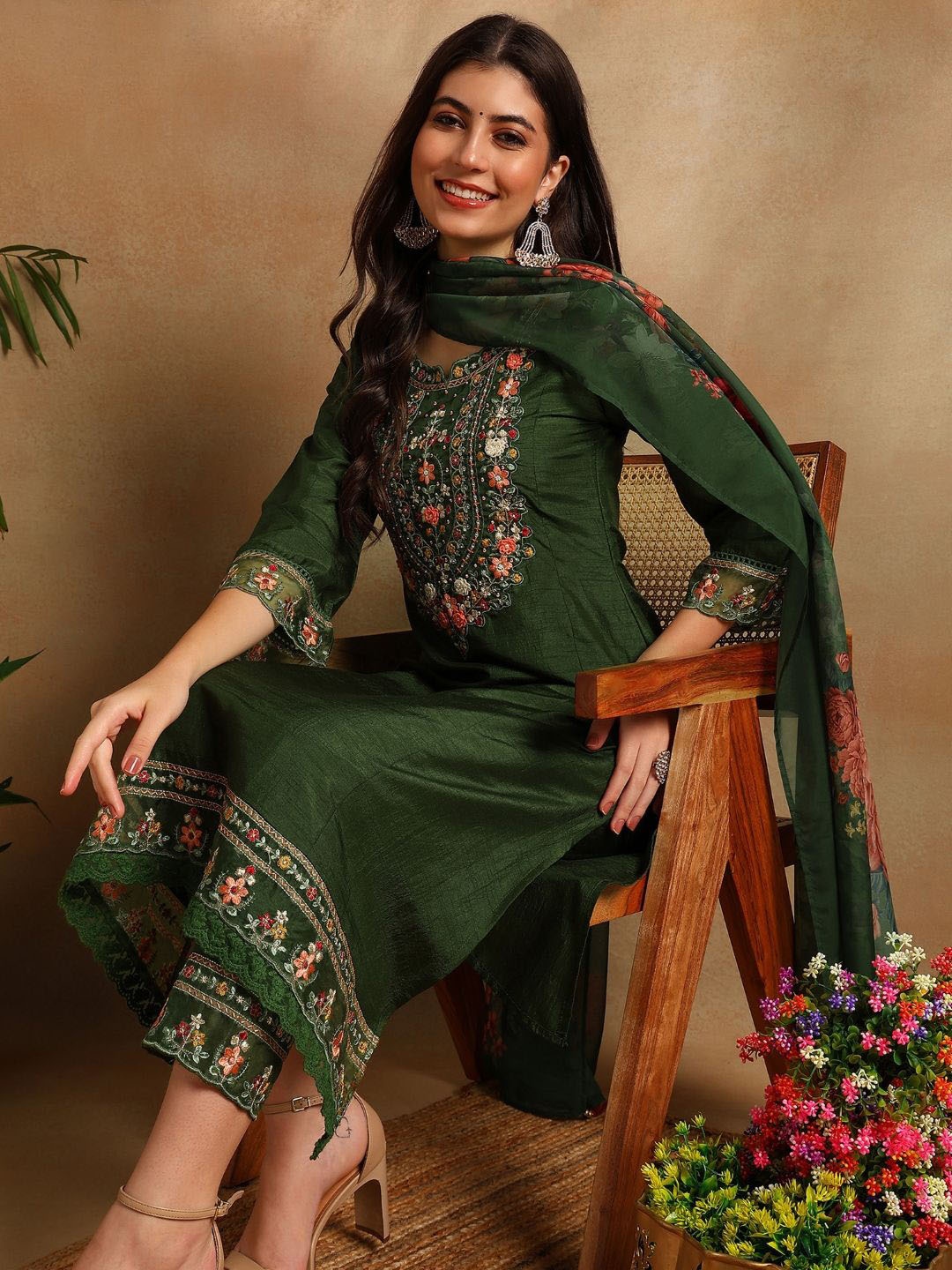 

KALINI Floral Embroidered Thread Work Silk Blend Kurta with Trousers With Dupatta, Green