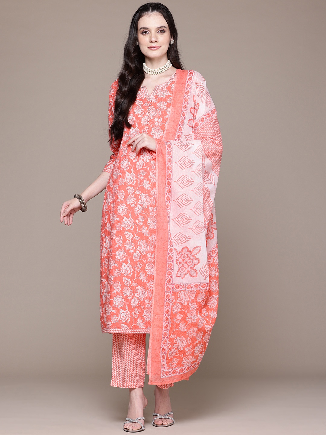 

Readiprint Floral Printed Sequinned Pure Cotton Kurta With Trousers & Dupatta, Orange