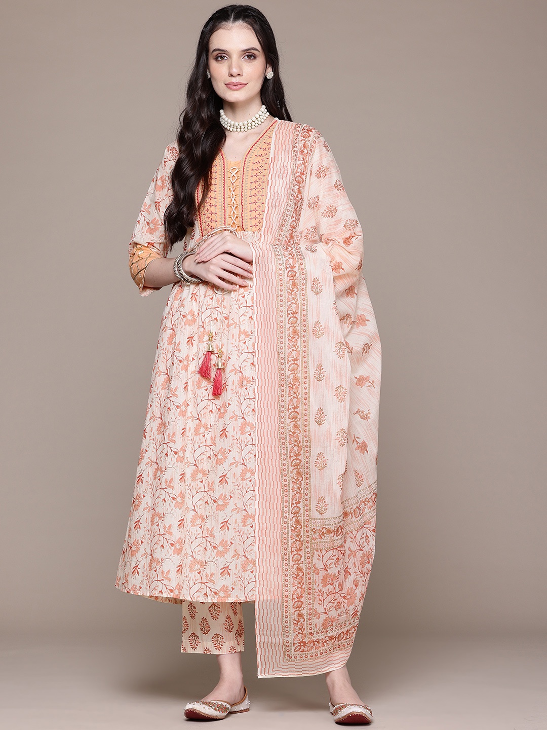 

Readiprint Floral Printed Pleated Thread Work Pure Cotton Kurta Set, Peach