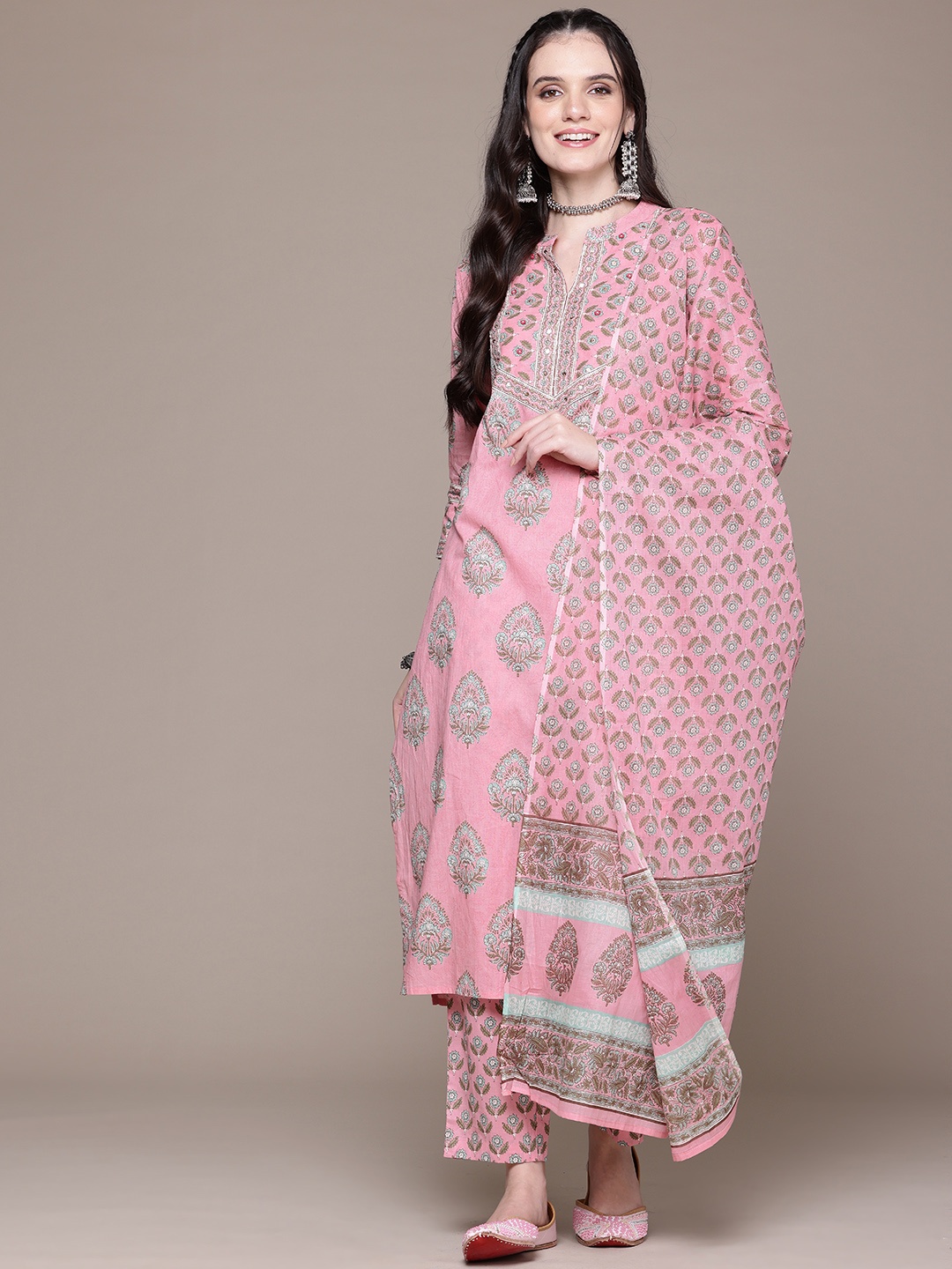 

Readiprint Floral Printed Sequinned Pure Cotton Kurta With Trousers & Dupatta, Pink