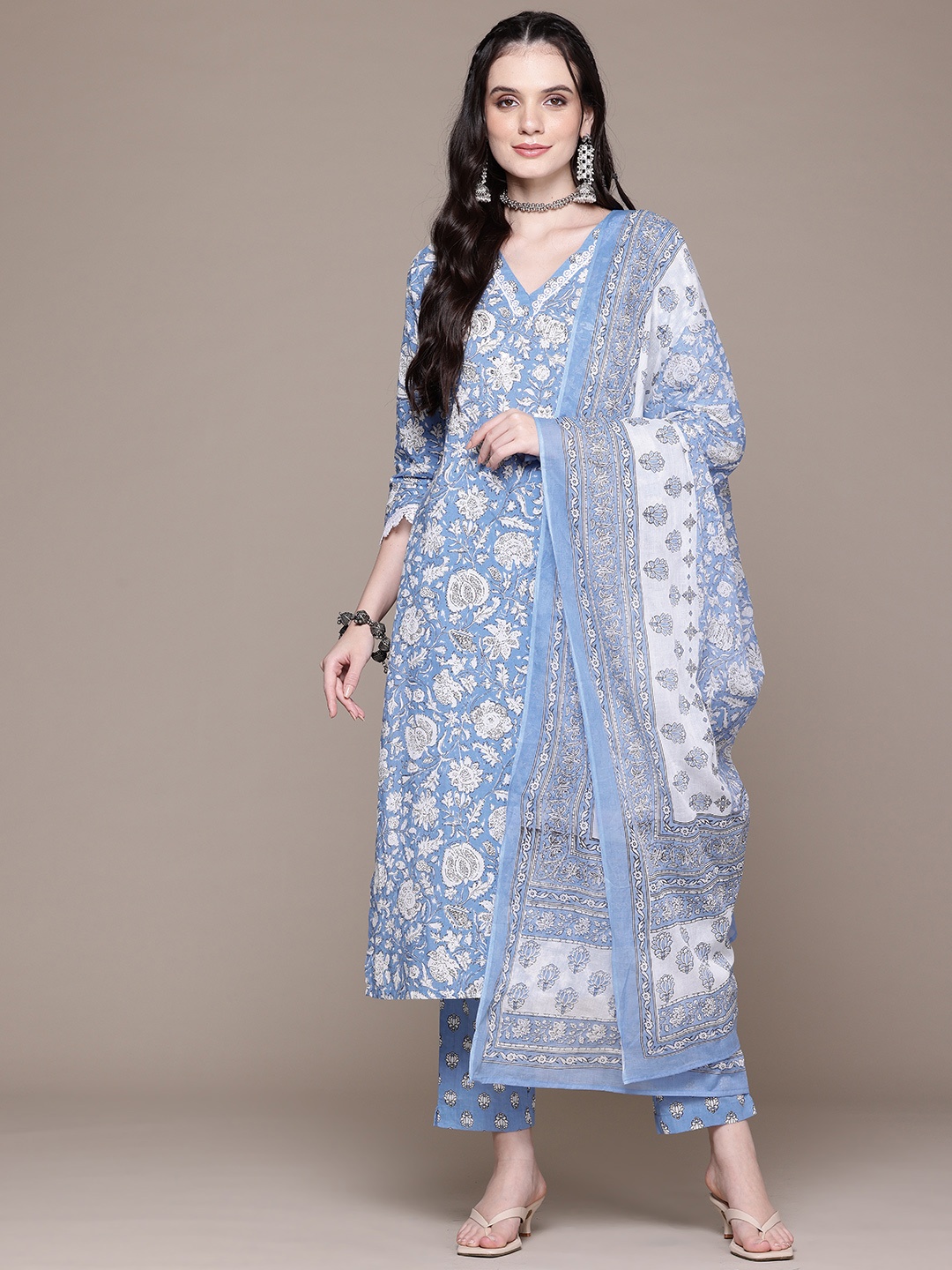 

Readiprint Fashions Floral Printed Sequinned Pure Cotton Kurta With Trousers & Dupatta, Blue