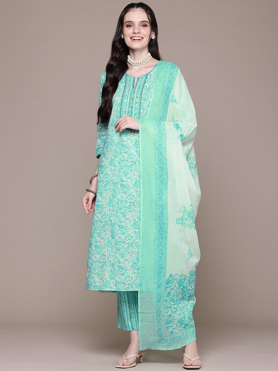 

Readiprint Floral Printed Sequinned Pure Cotton Kurta With Trousers & Dupatta, Sea green