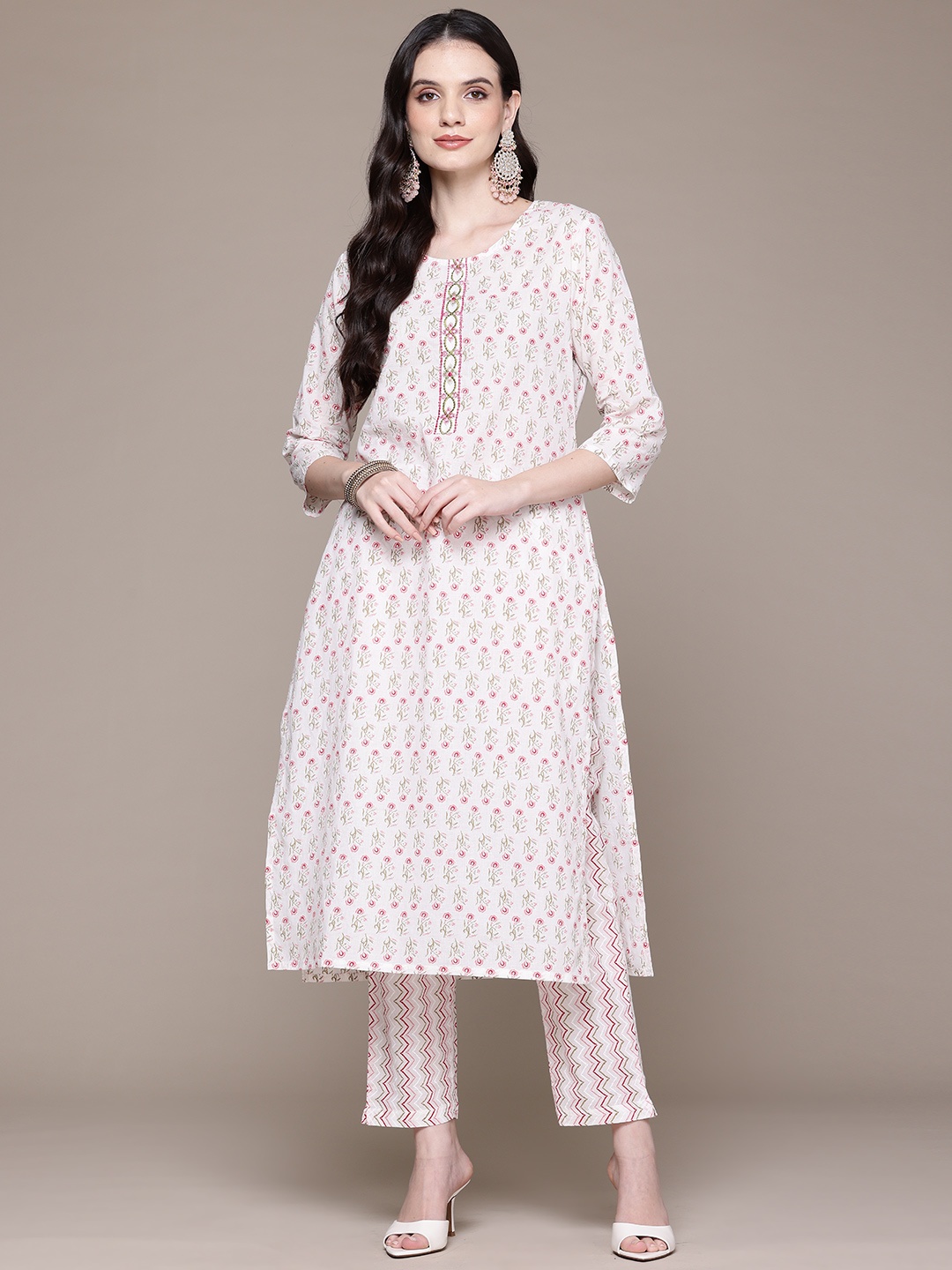 

Readiprint Floral Printed Thread Work Pure Cotton Kurta with Trousers, White