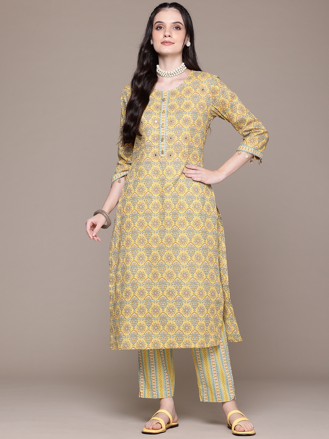 

Readiprint Ethnic Motifs Printed Gotta Patti Pure Cotton Kurta with Trousers, Yellow