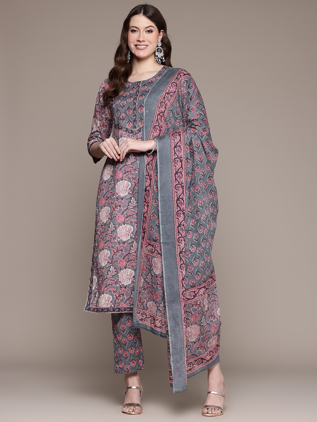

Readiprint Floral Printed Aari Work Pure Cotton Kurta with Trousers & Dupatta, Grey