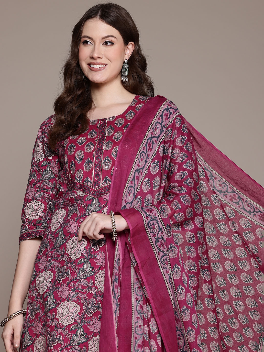 

Readiprint Floral Printed Aari Work Pure Cotton Kurta with Palazzos & Dupatta, Magenta