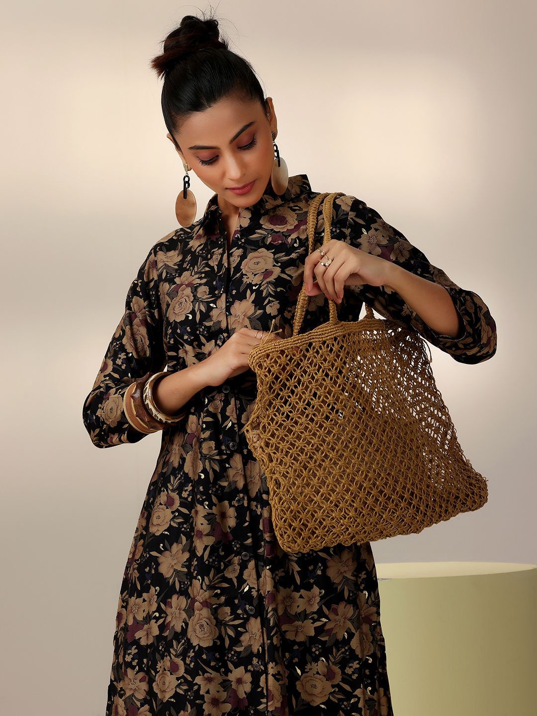

Libas Black Floral Printed Mandarin Collar Tunic & Salwar