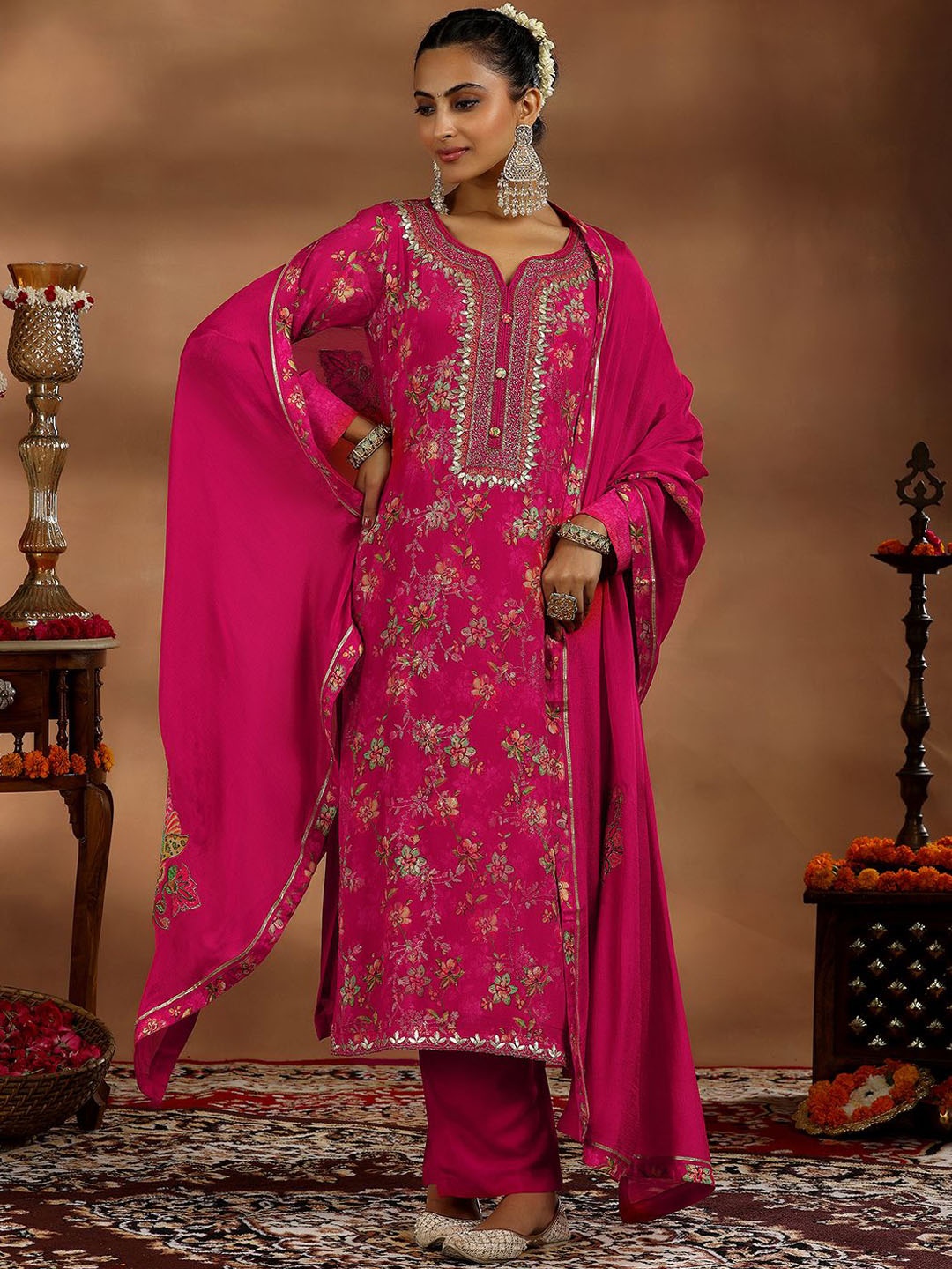 

Libas Floral Printed Sequinned Silk Chiffon Kurta With Trousers & Dupatta, Coral