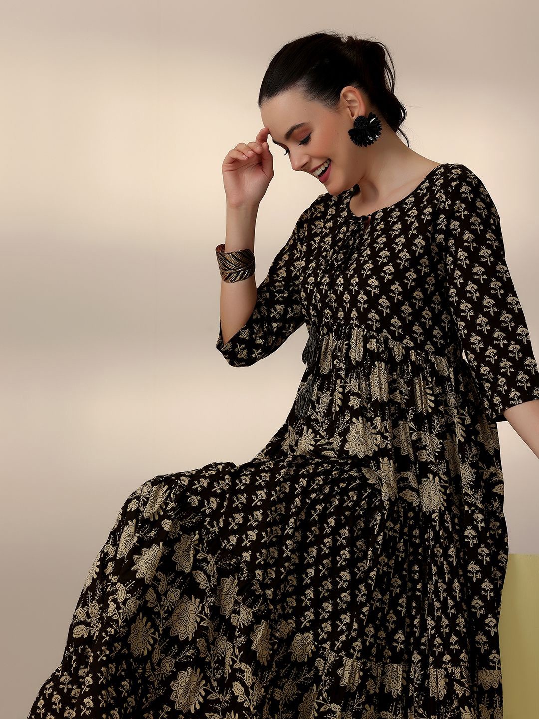 

Libas Floral Printed Tie-Up Neck A-Line Maxi Dress, Black