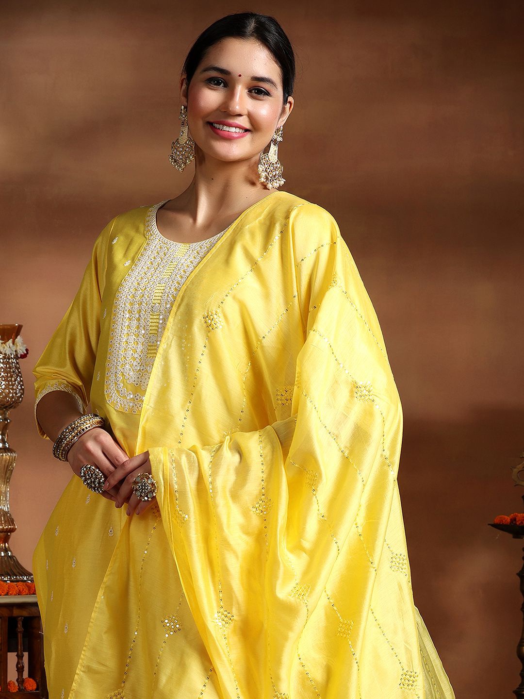 

Libas Floral Embroidered Straight Sequinned Kurta with Trousers & Dupatta, Yellow