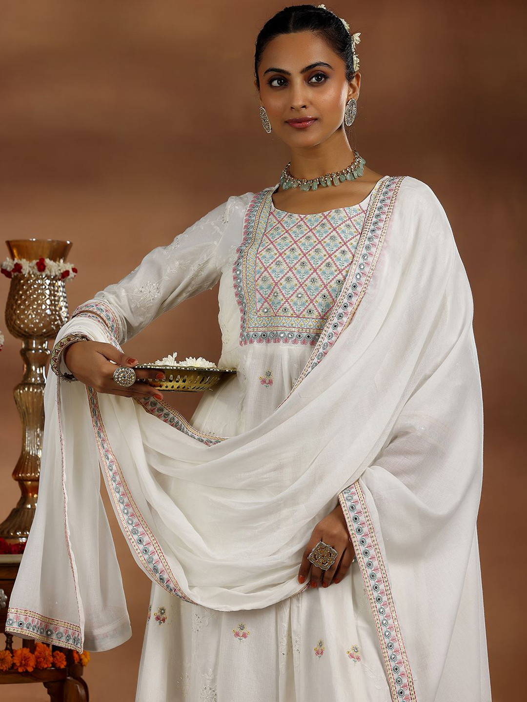 

Libas Floral Embroidered Panelled Sequinned Pure Cotton Kurta with Trousers & Dupatta, White