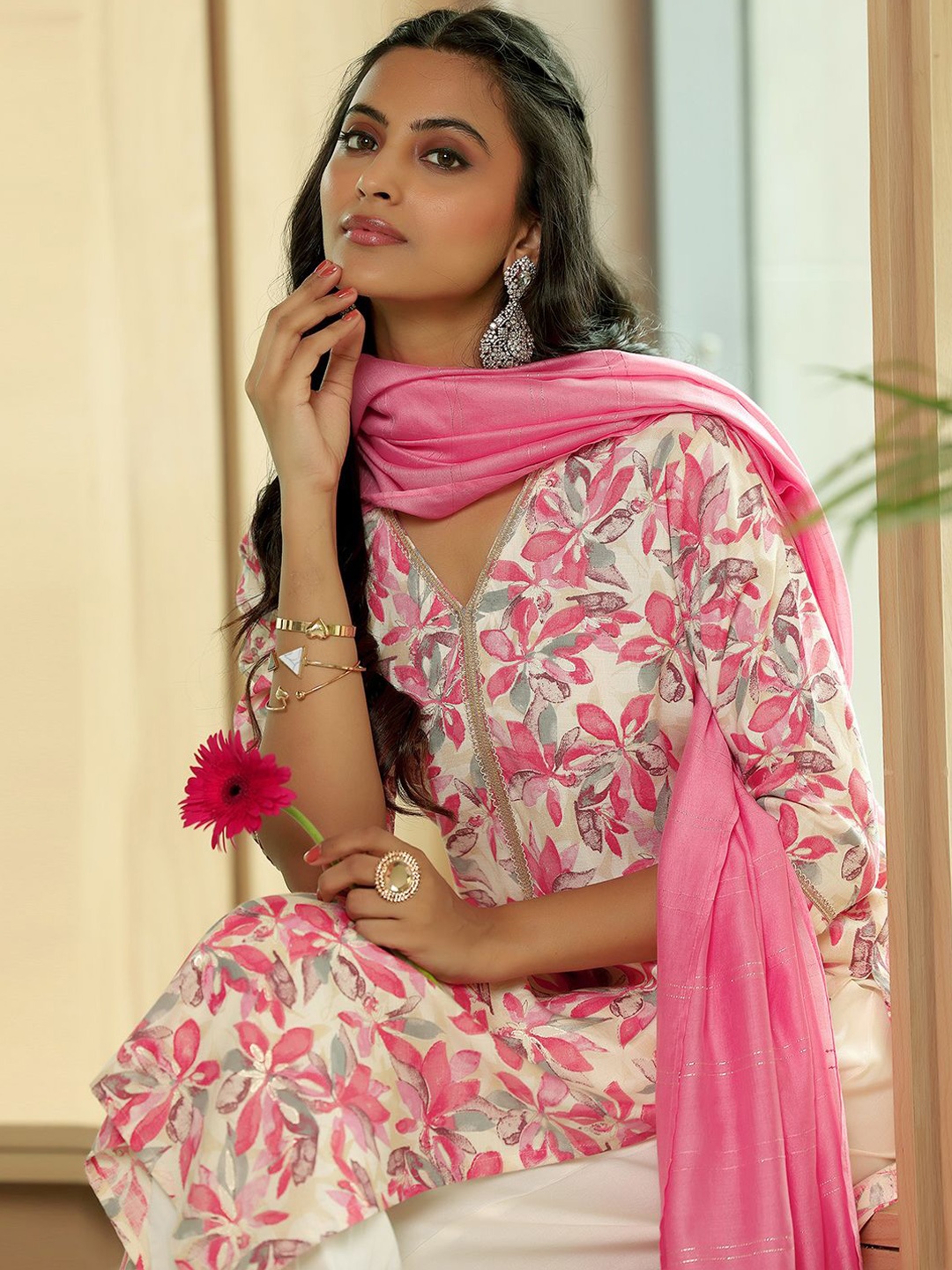 

Libas Floral Printed Straight Sequinned Kurta with Salwar & Dupatta, Pink