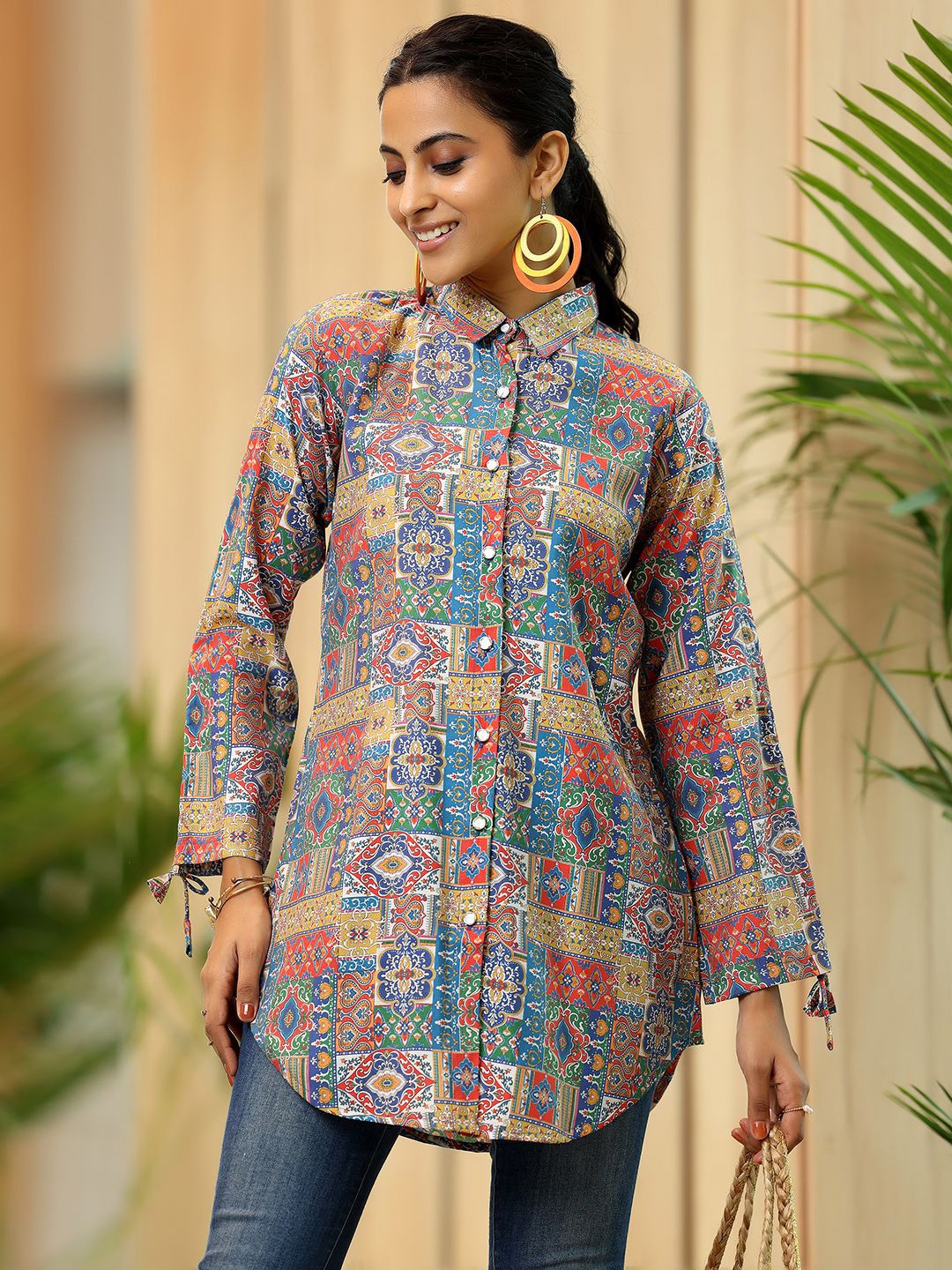 

Libas Ethnic Motifs Printed Shirt Collar Kurti, Blue