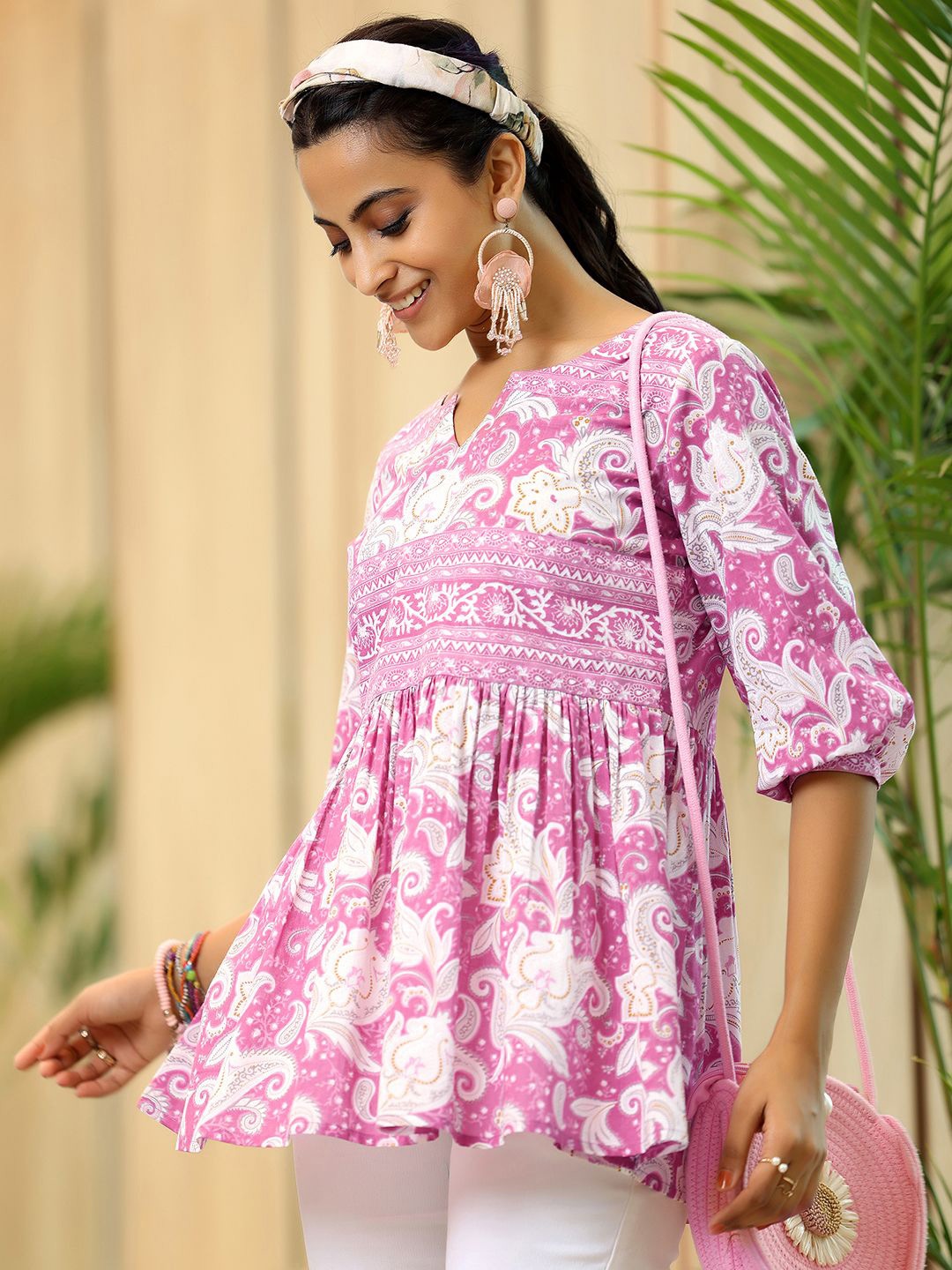 

Libas Floral Printed Pure Cotton Pleated Anarkali Kurti, Pink