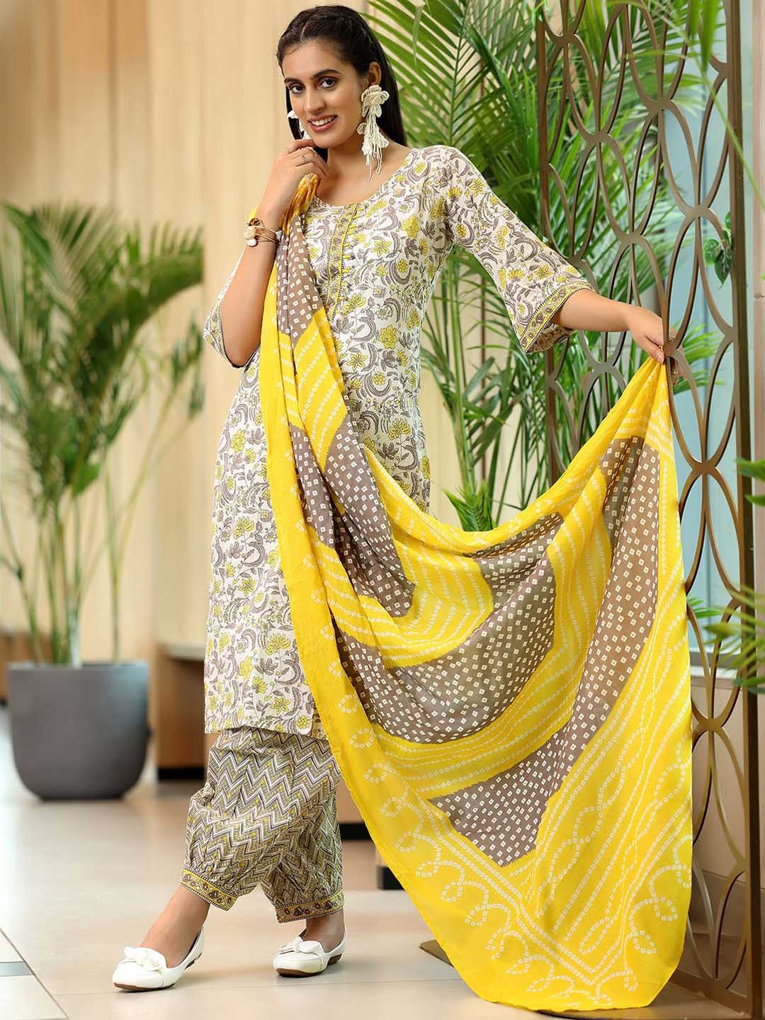 

Libas Floral Printed Regular Pure Cotton Kurta with Salwar & Dupatta, Yellow