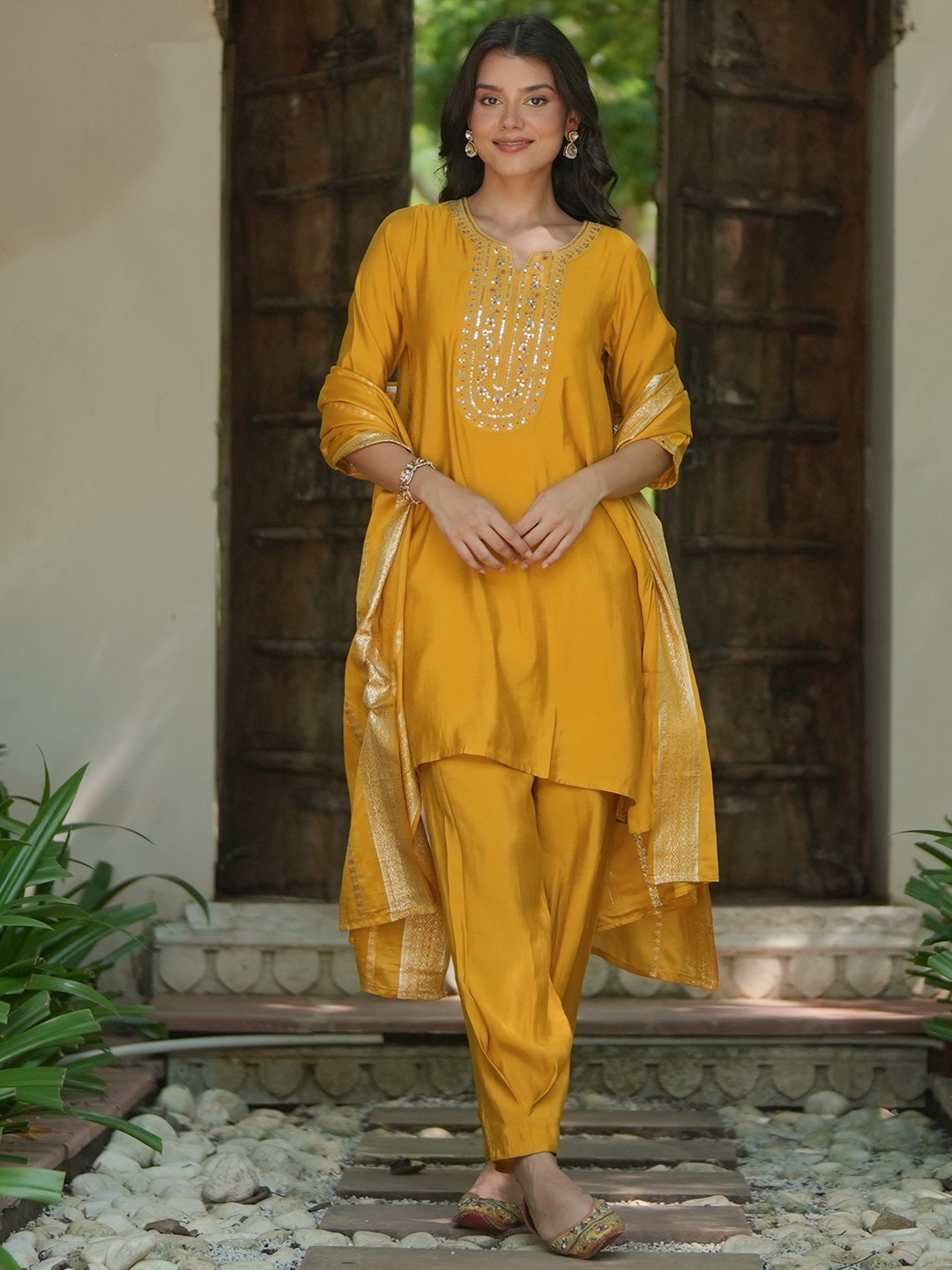 

Libas Floral Yoke Design Sequinned Straight Kurta With Salwar & Dupatta, Yellow