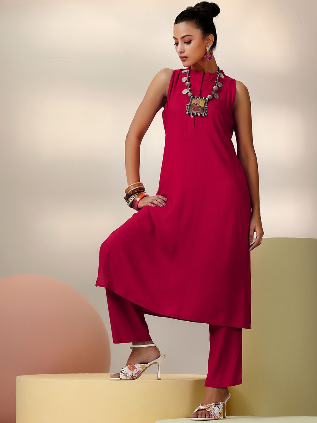 

Libas Red Mandarin Collar Tunic & Trousers