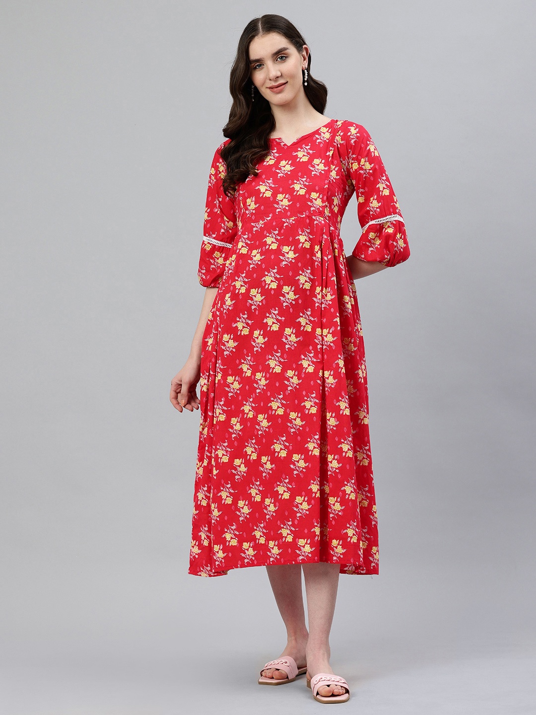 

Swishchick Floral Print Puff Sleeve Fit & Flare Midi Maternity Dress, Red