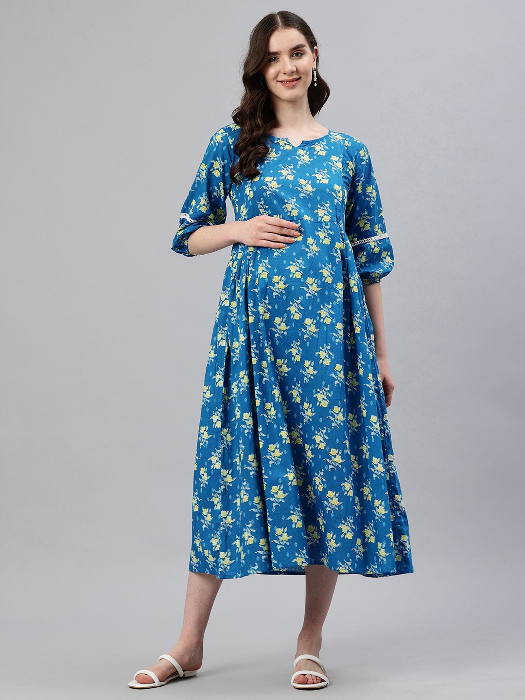 

Swishchick Floral Print Puff Sleeve Fit & Flare Midi Maternity Dress, Blue