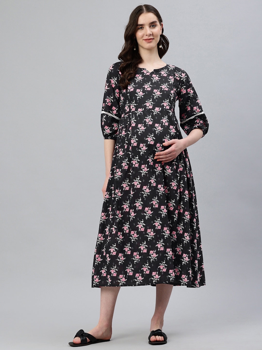 

Swishchick Floral Print Puff Sleeve Fit & Flare Midi Maternity Dress, Black