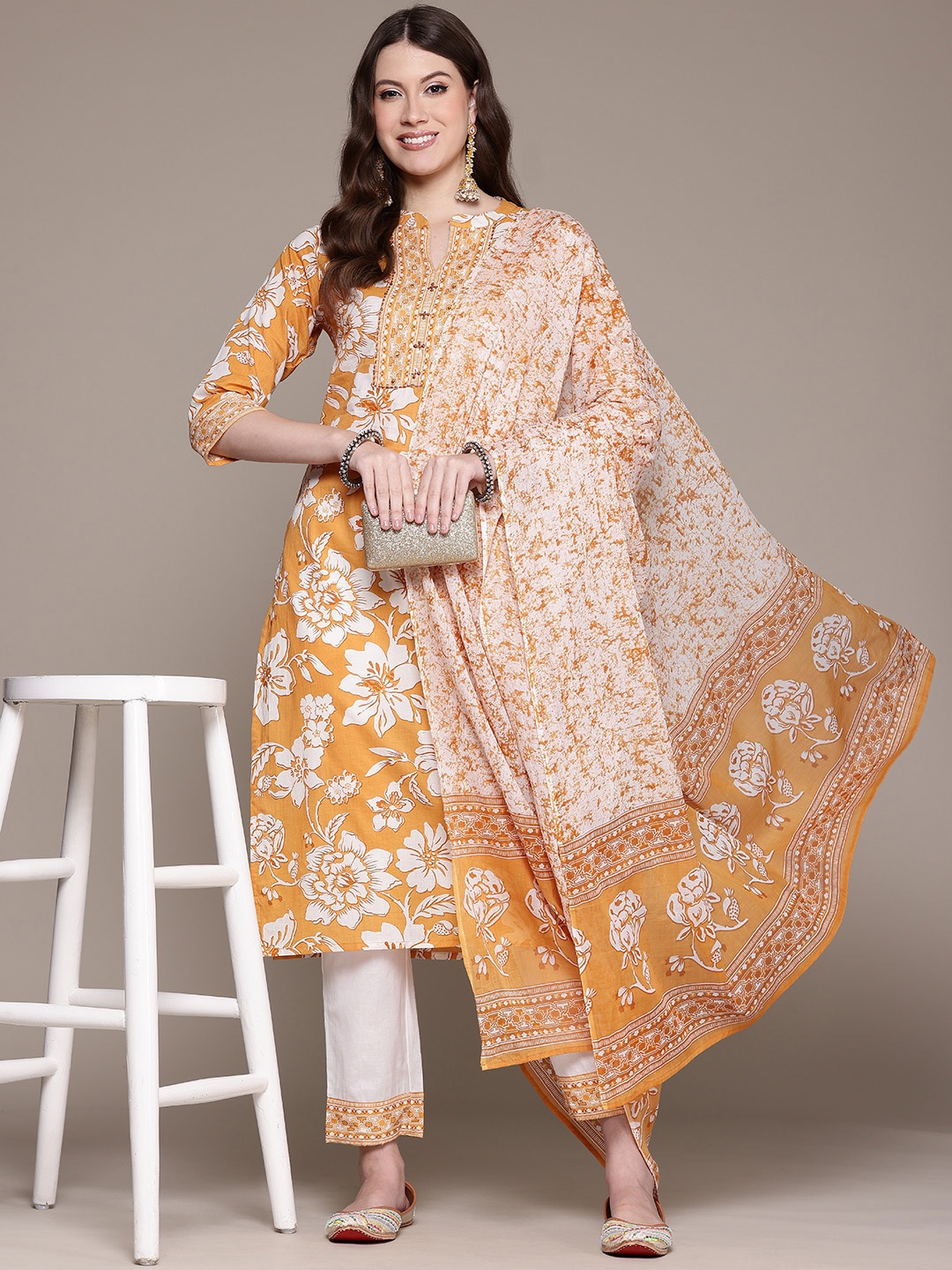 

Readiprint Fashions Floral Printed Sequinned Pure Cotton Kurta With Trousers & Dupatta, Yellow