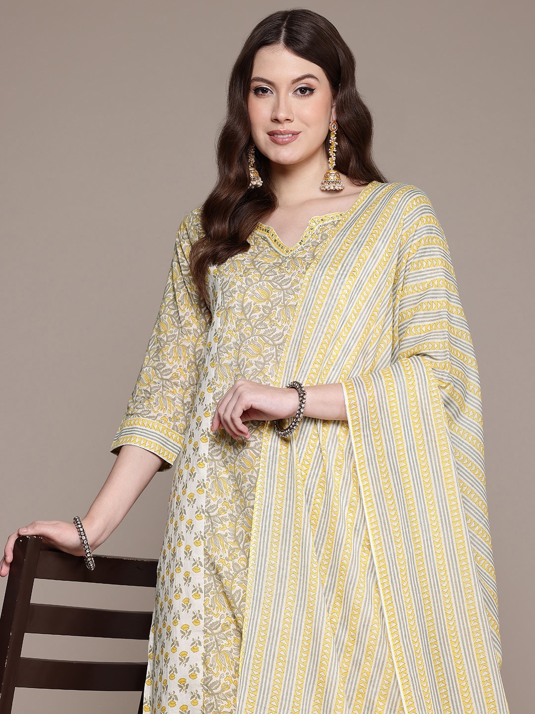 

Readiprint Fashions Floral Printed Sequinned Pure Cotton Kurta With Trousers & Dupatta, Yellow