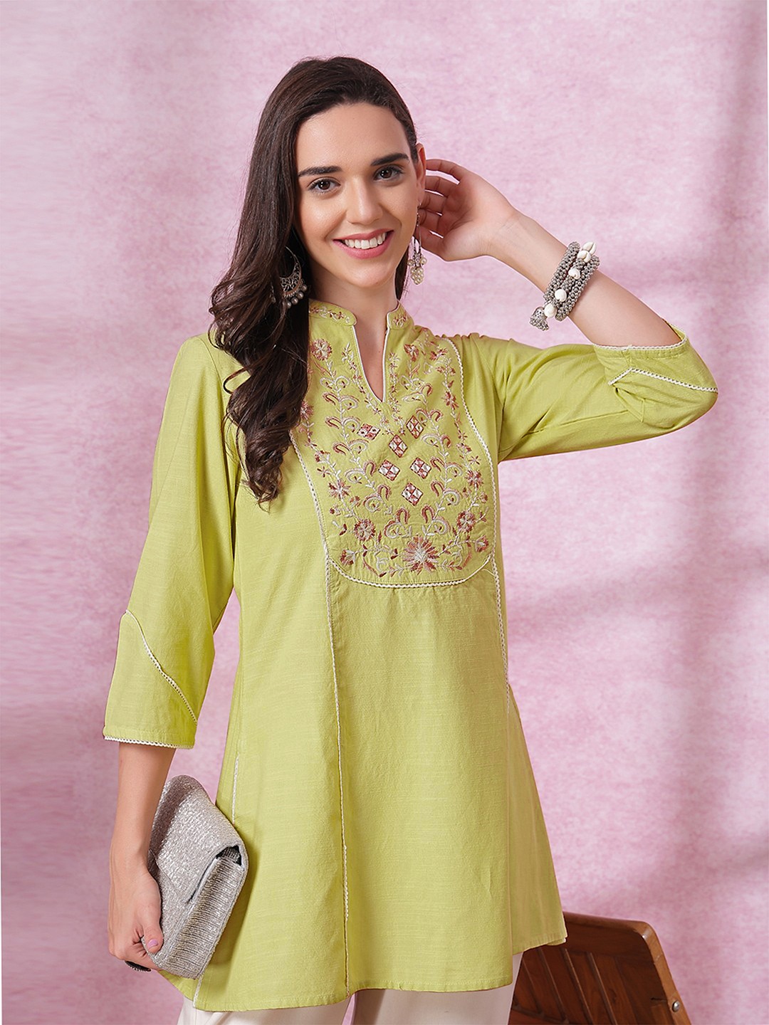 

Trendmalls Floral Embroidered Thread Work Thread Work Kurti, Yellow