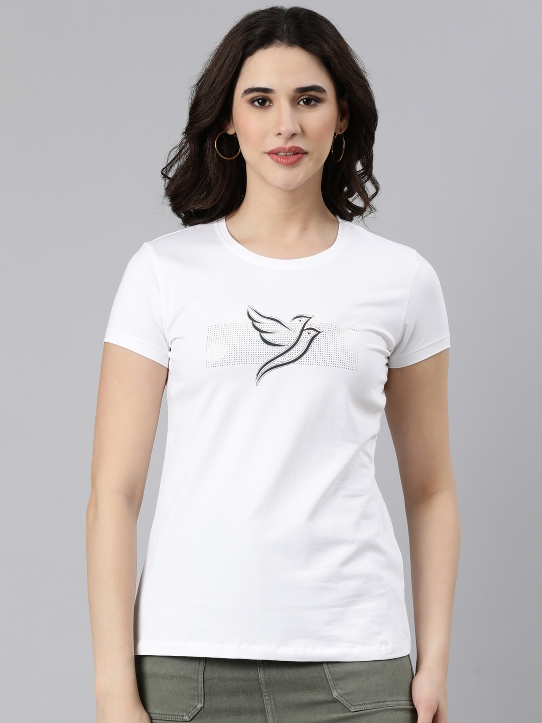 

TWIN BIRDS Women Graphic Printed Round Neck Cotton Slim Fit T-Shirt, White