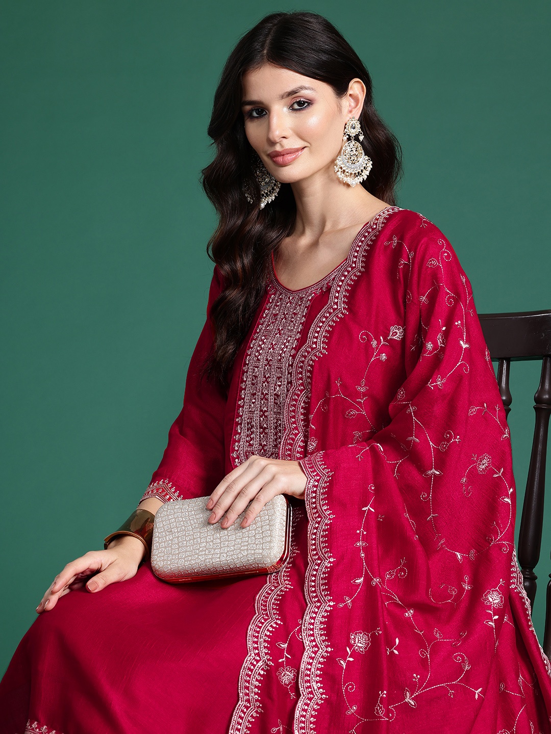 

Indo Era Ethnic Motifs Embroidered Sequinned Kurta With Trousers & Dupatta, Pink