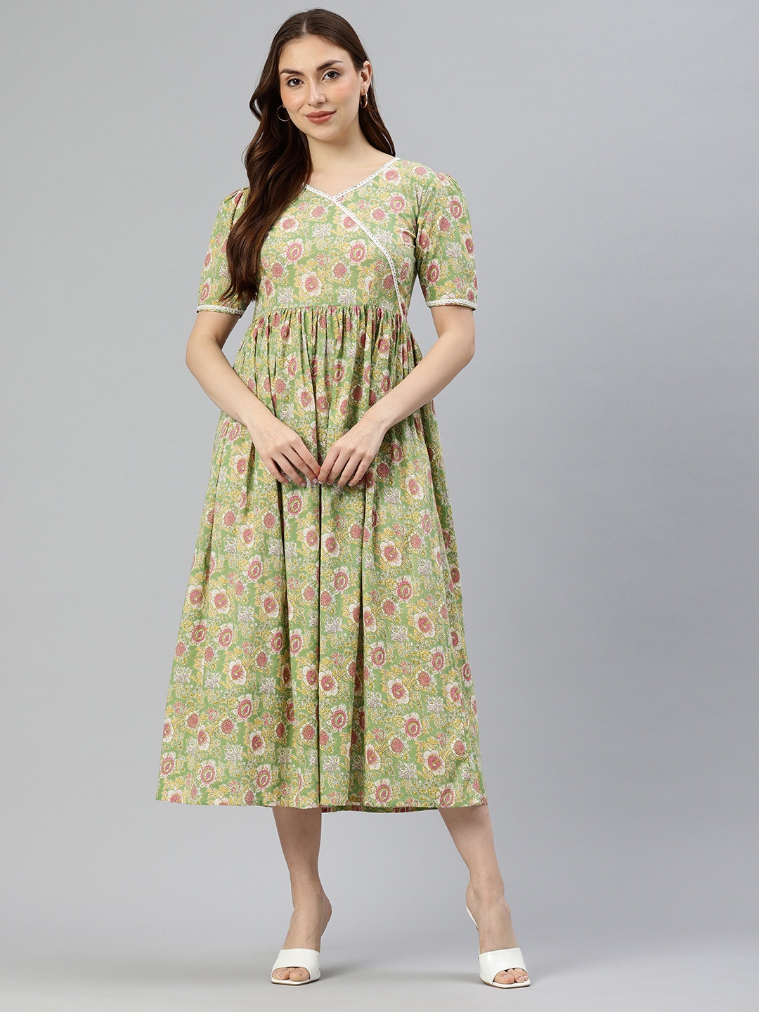 

Swishchick Floral Print Wrap Midi Dress, Green