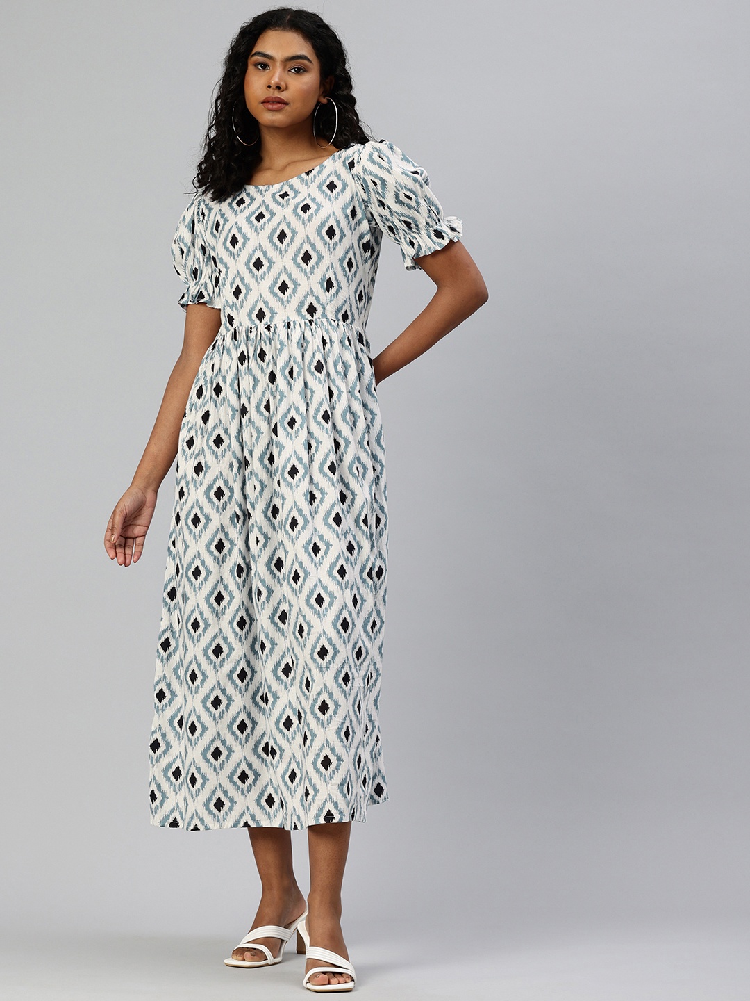 

Swishchick Print Puff Sleeves Fit & Flare Midi Dress, White