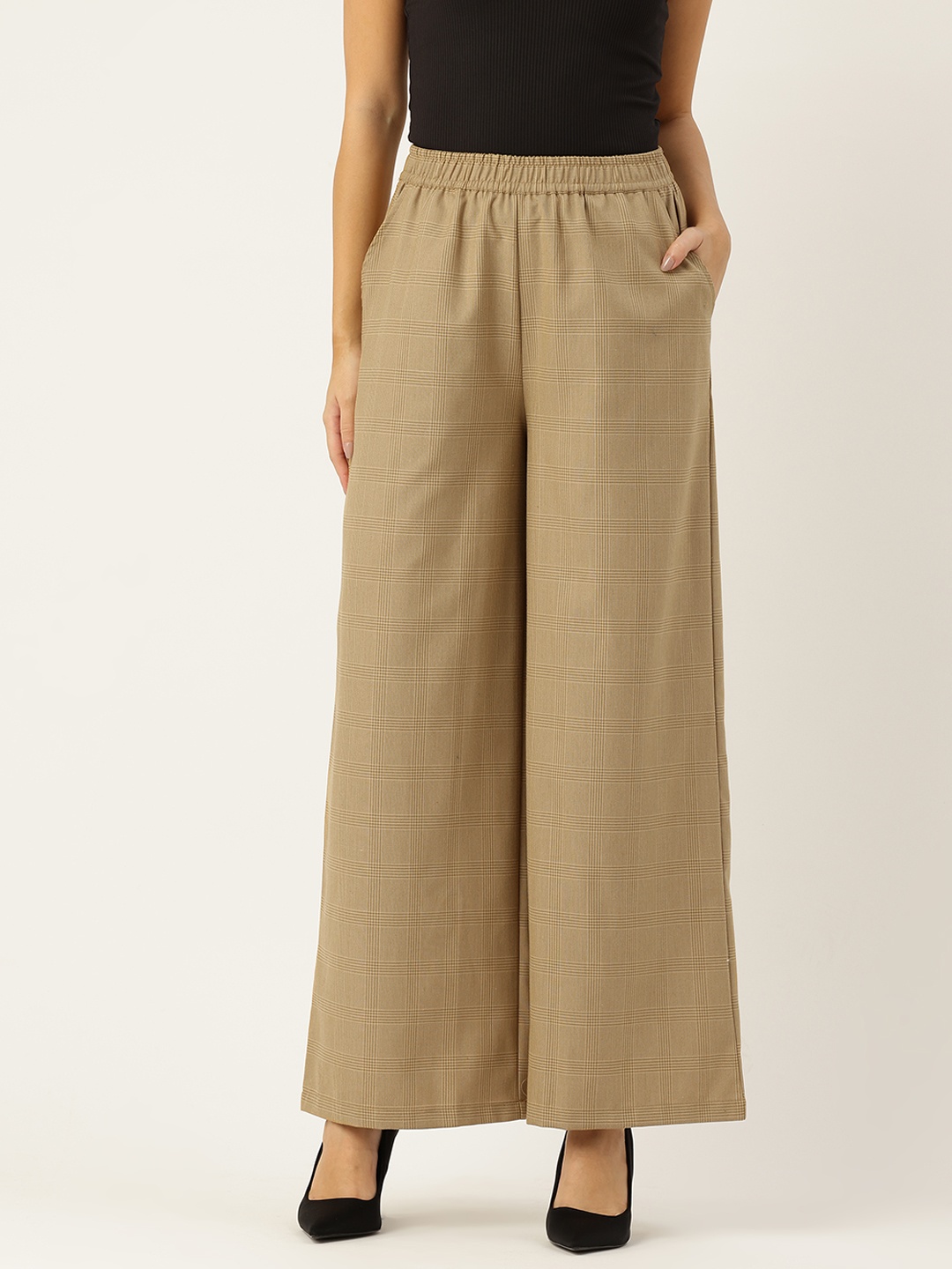 

Rue Collection Checked Relaxed Straight Fit Pure Cotton Trousers, Beige