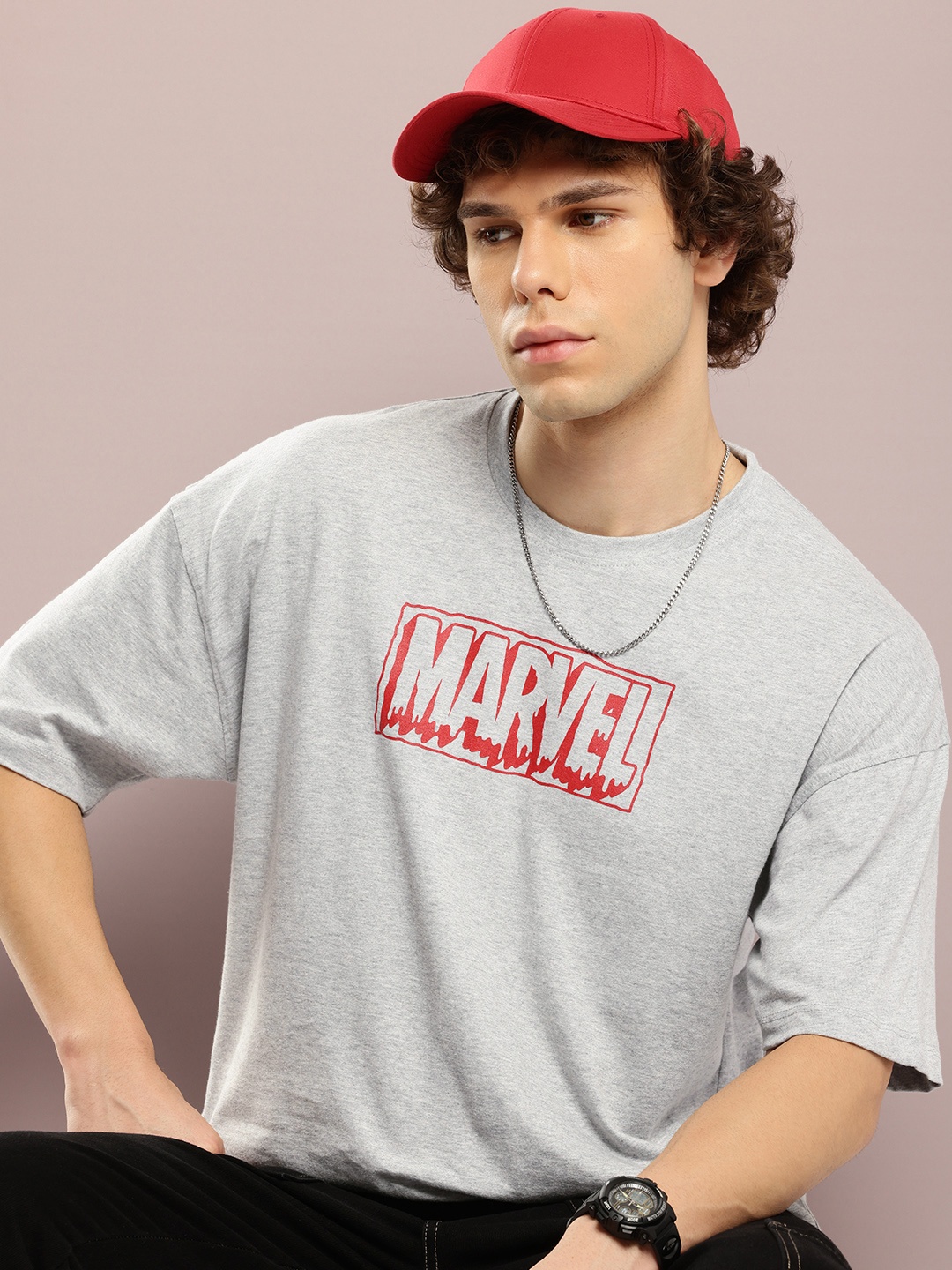 

Kook N Keech Men Printed Oversized Pure Cotton T-shirt, Grey melange
