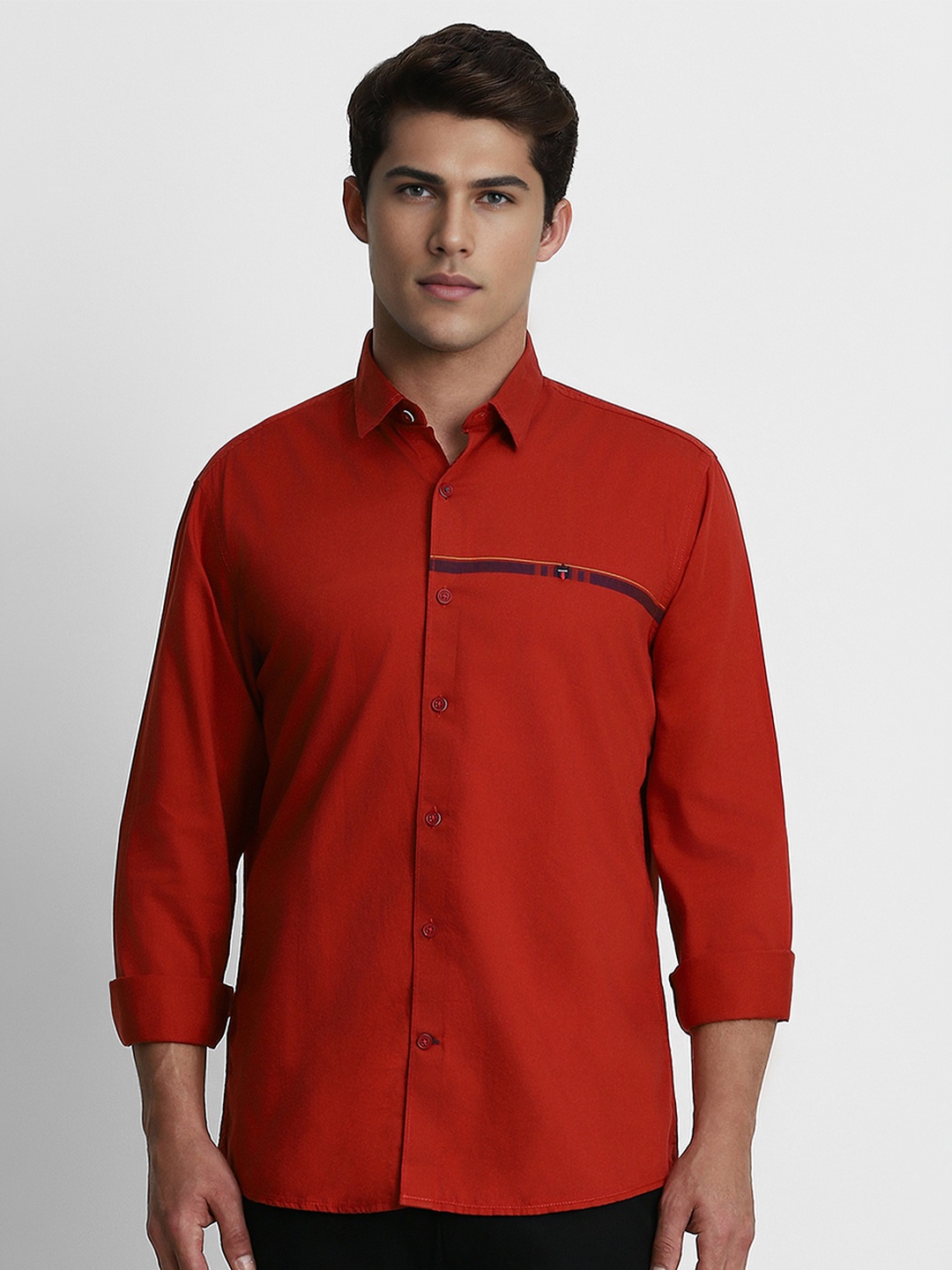 

Louis Philippe Sport Men Spread Collar Solid Cotton Slim Fit Casual Shirt, Red