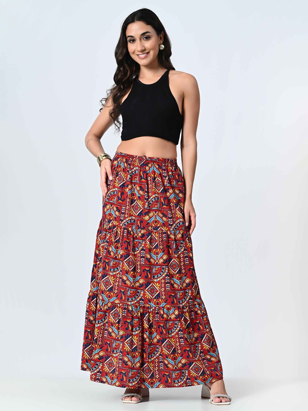 

BAESD Women Tiered Ethnic Motifs Printed Flared Maxi Skirt, Red