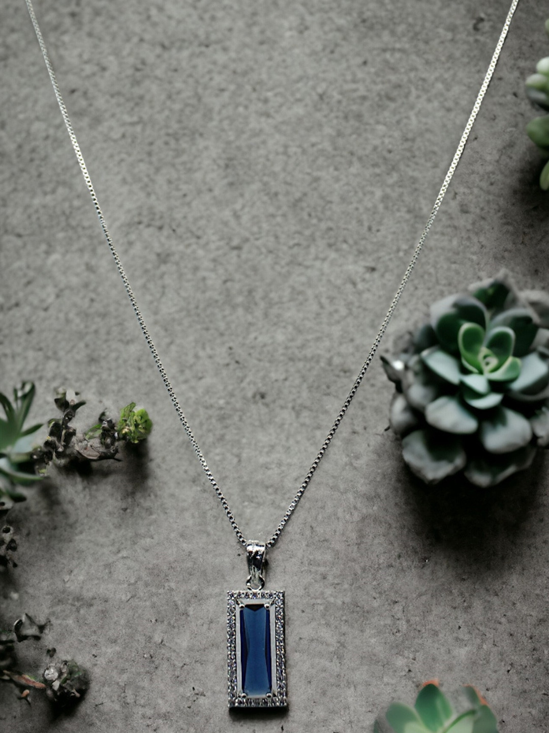 

Kord Store Rhodium Plated Geometric American Diamond Studded Pendants With Chain, Silver