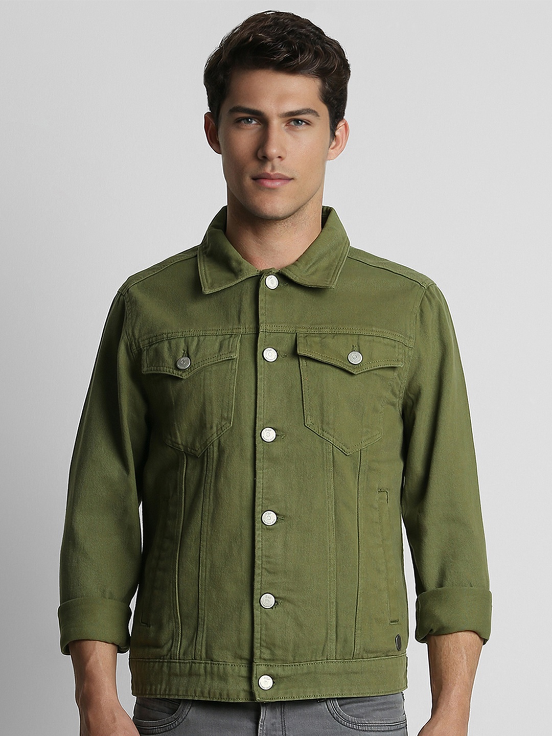

Peter England Casuals Men Washed Open Front Jacket, Olive