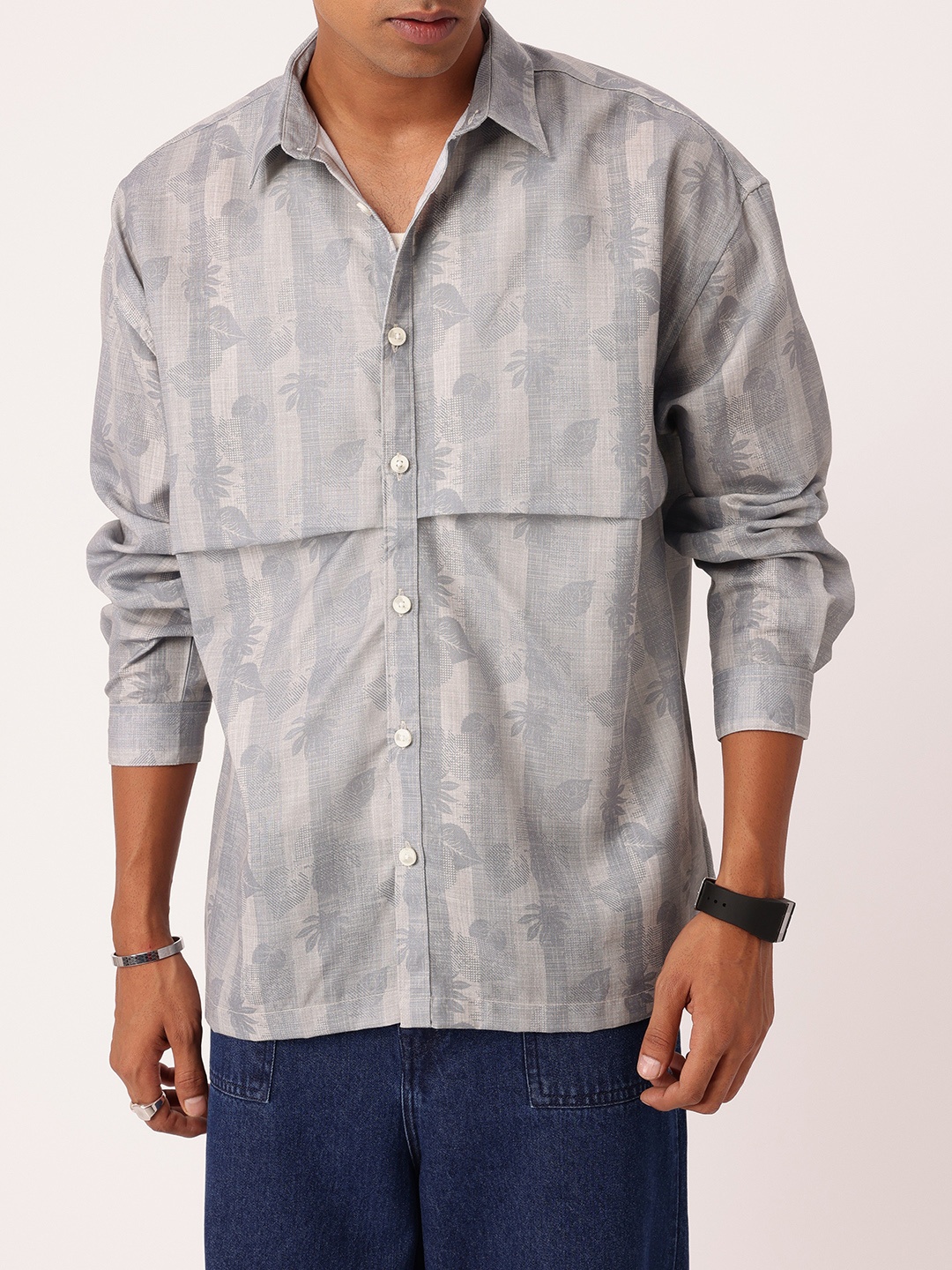 

Kook N Keech Striped & Tropical Printed Pleated Detail Relaxed Fit Shirt, Grey