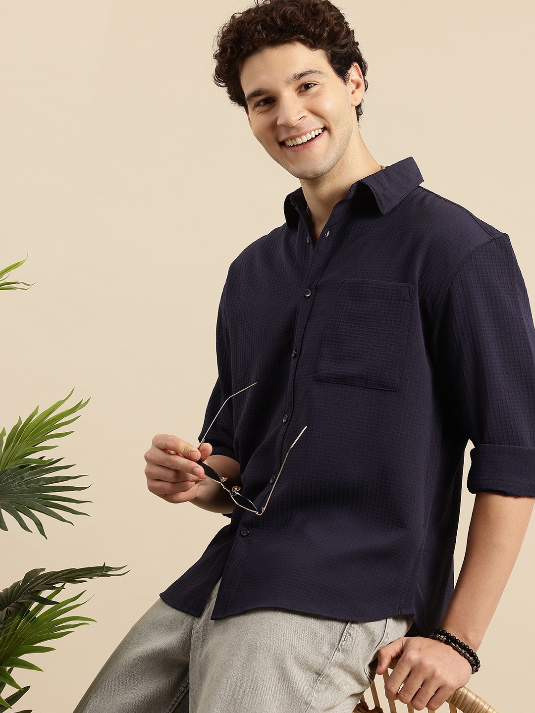 

Mast & Harbour Self-Design Checked Drop-Shoulder Sleeves Relaxed Fit Casual Shirt, Navy blue