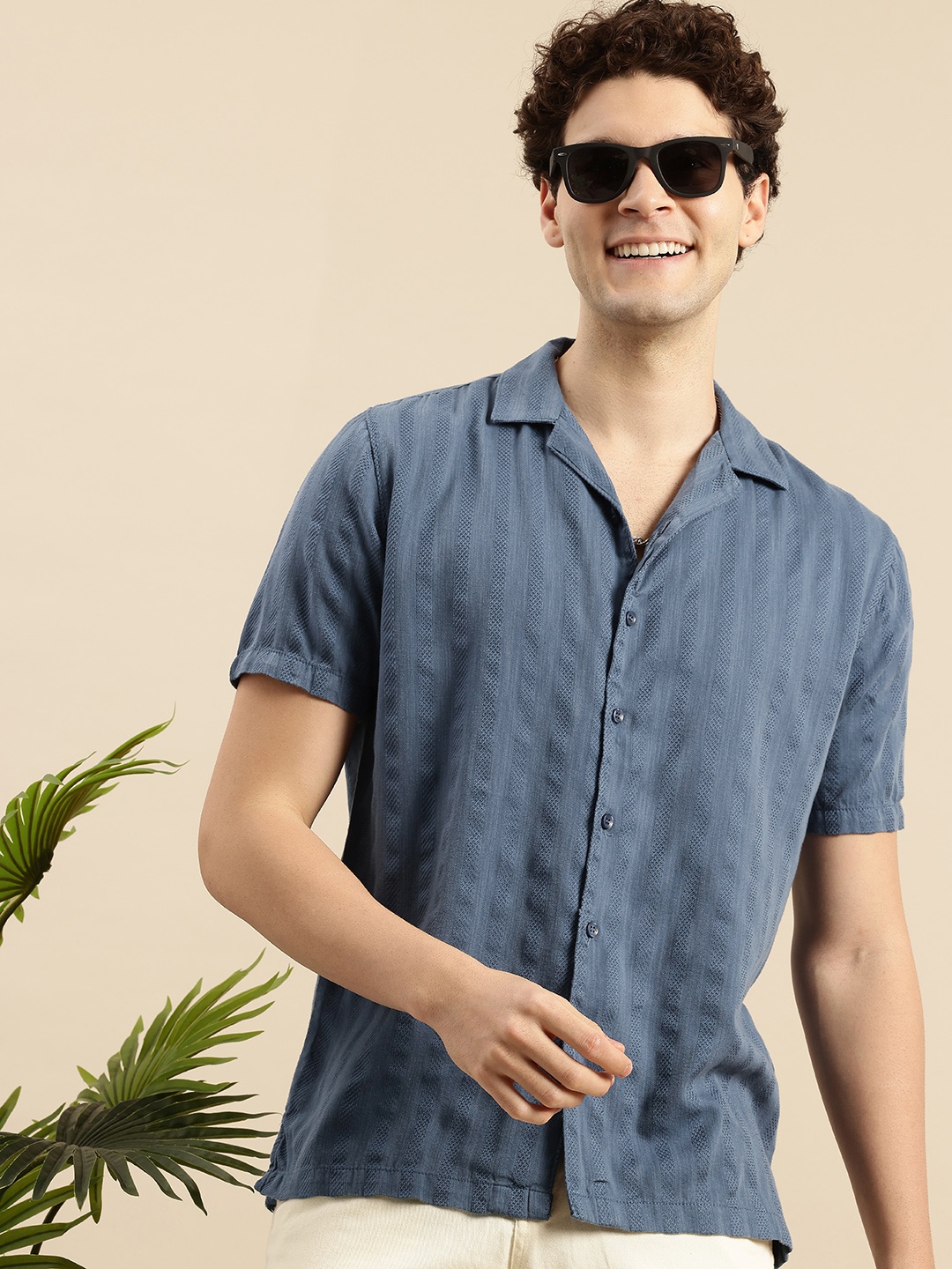 

Mast & Harbour Pure Cotton Self Striped Shirt, Blue