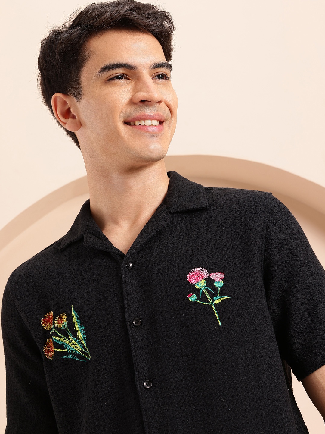 

Mast & Harbour Oversized Fit Floral Embroidered Shirt, Black