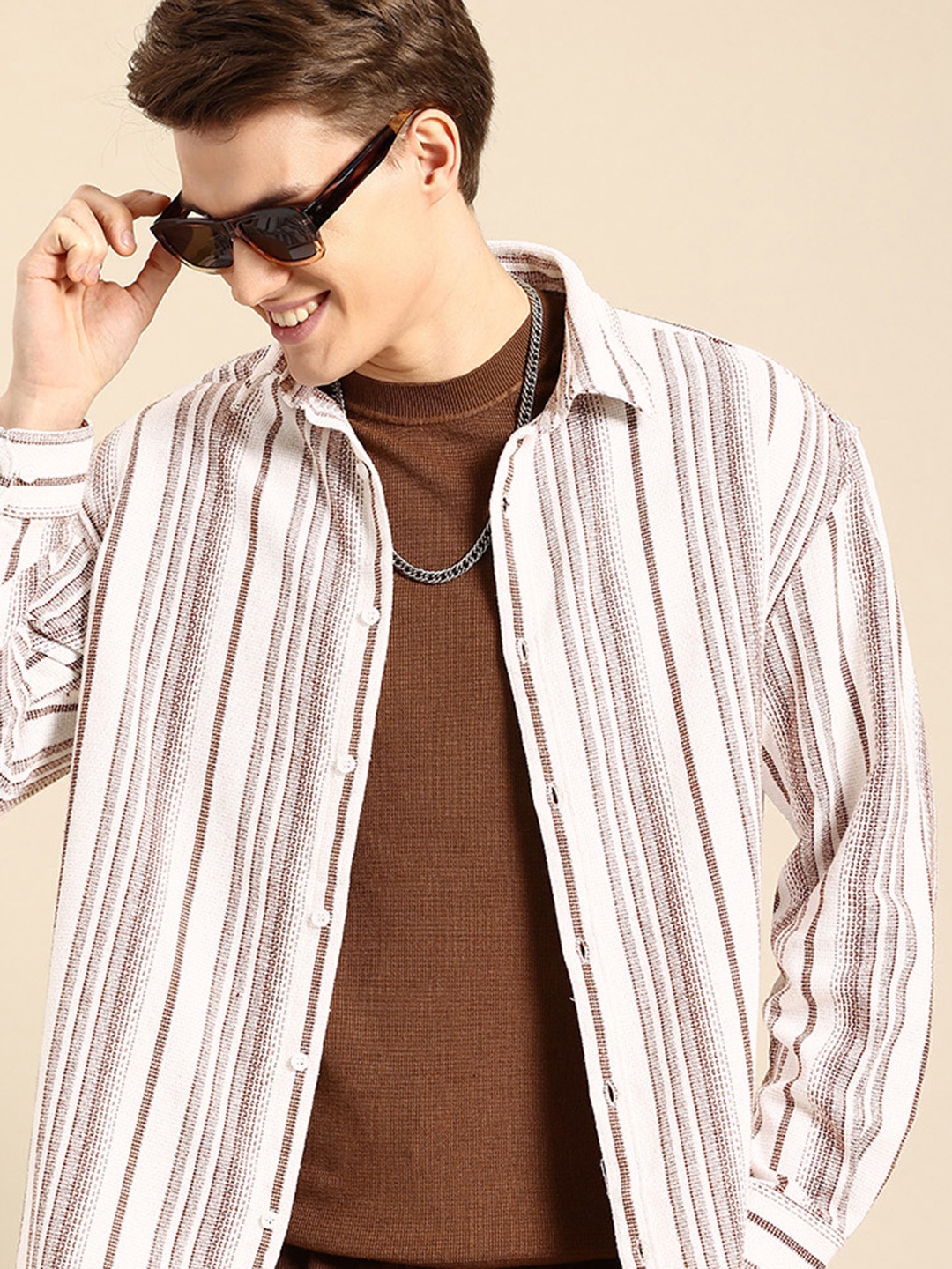 

Mast & Harbour Relaxed Fit Opaque Striped Casual Shirt, Brown