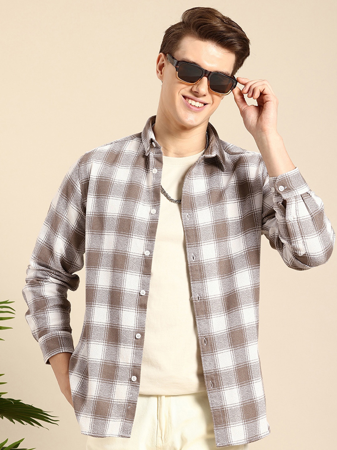 

Mast & Harbour Self Checked Button-Down Collar Casual Shirt, Taupe