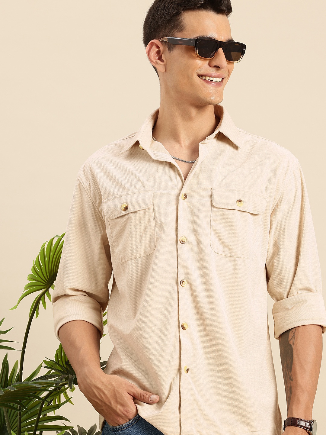 

Mast & Harbour Self Design Textured Relaxed Fit Casual Shirt, Beige