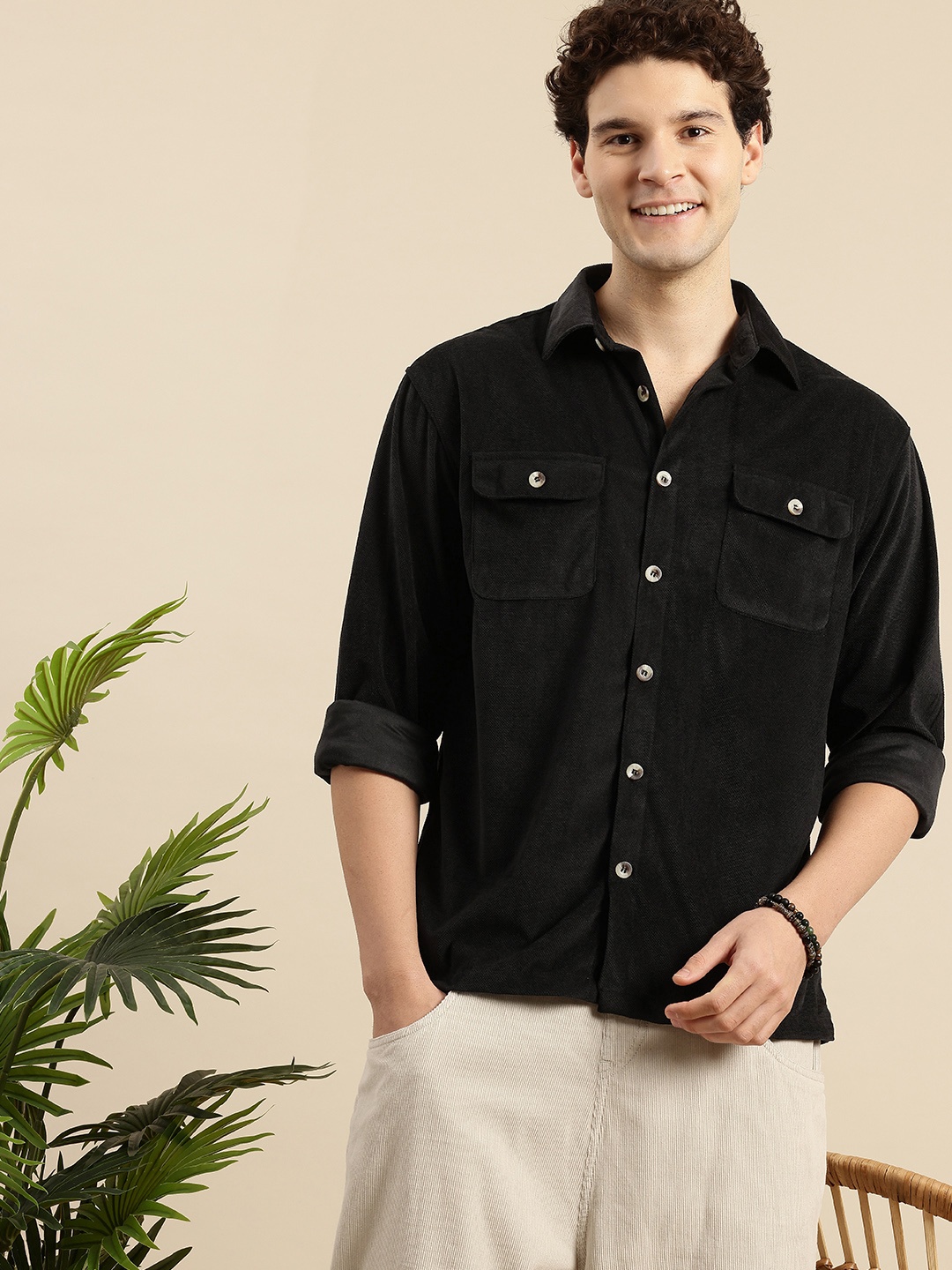 

Mast & Harbour Drop-Shoulder Sleeves Relaxed Fit Velvet Finish Casual Shirt, Black